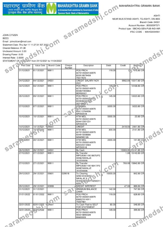 India Maharashtra bank statement template, Word and PDF format, 2 pages